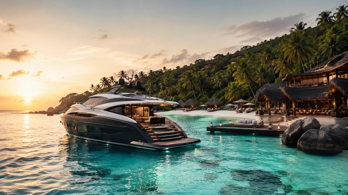 Private island escape with black pearl and sea-foam palette