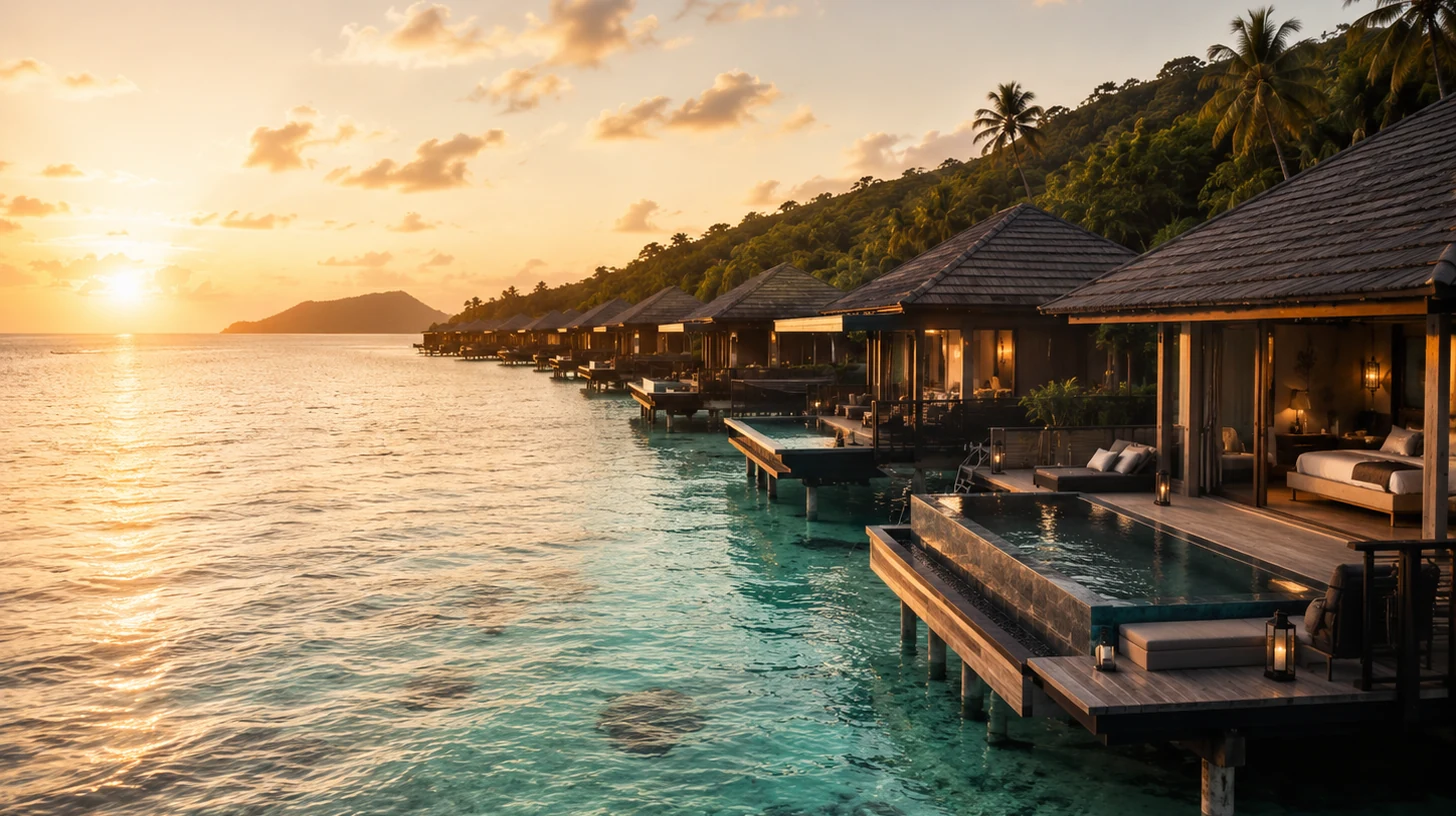 Ultra luxury resort with champagne terraces and palm silhouettes