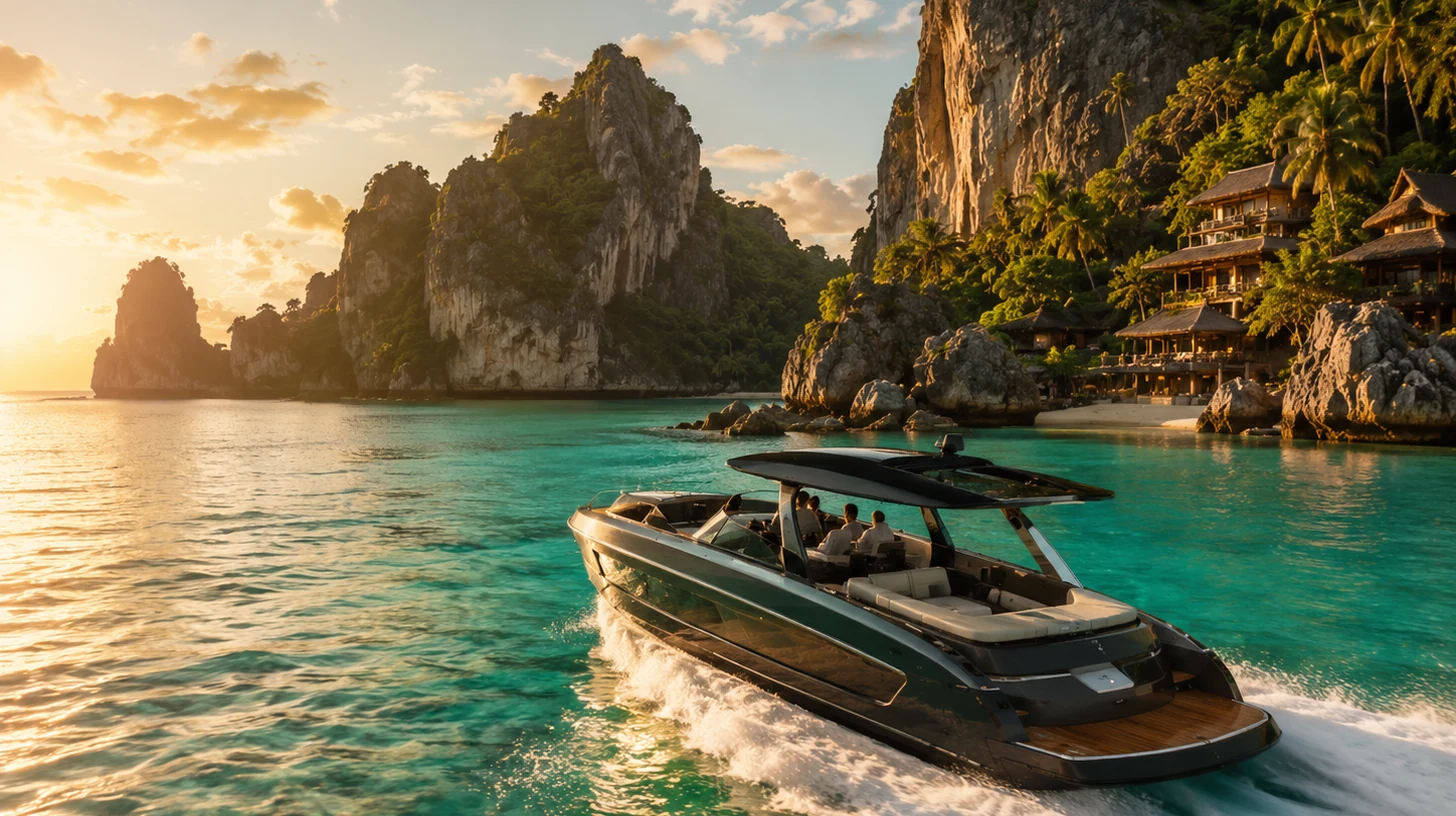 Private yacht crossing emerald water at sunset