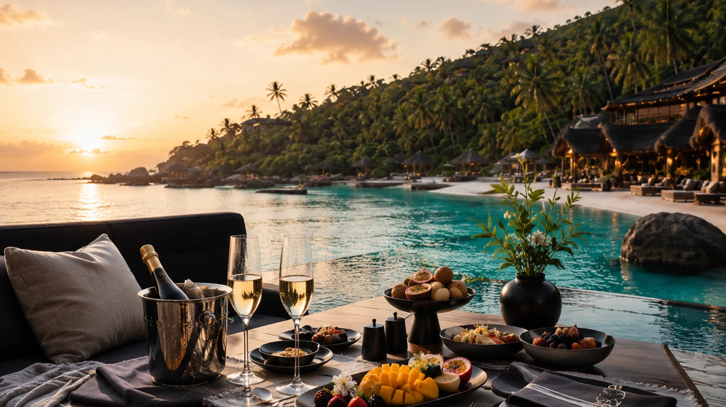 Champagne concierge table beside a quiet lagoon