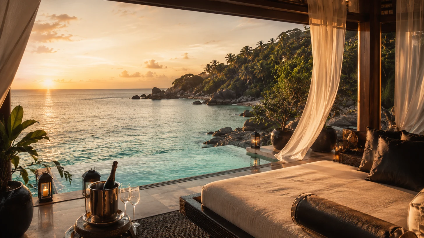 Celebration travel scene with pearls and tropical horizon