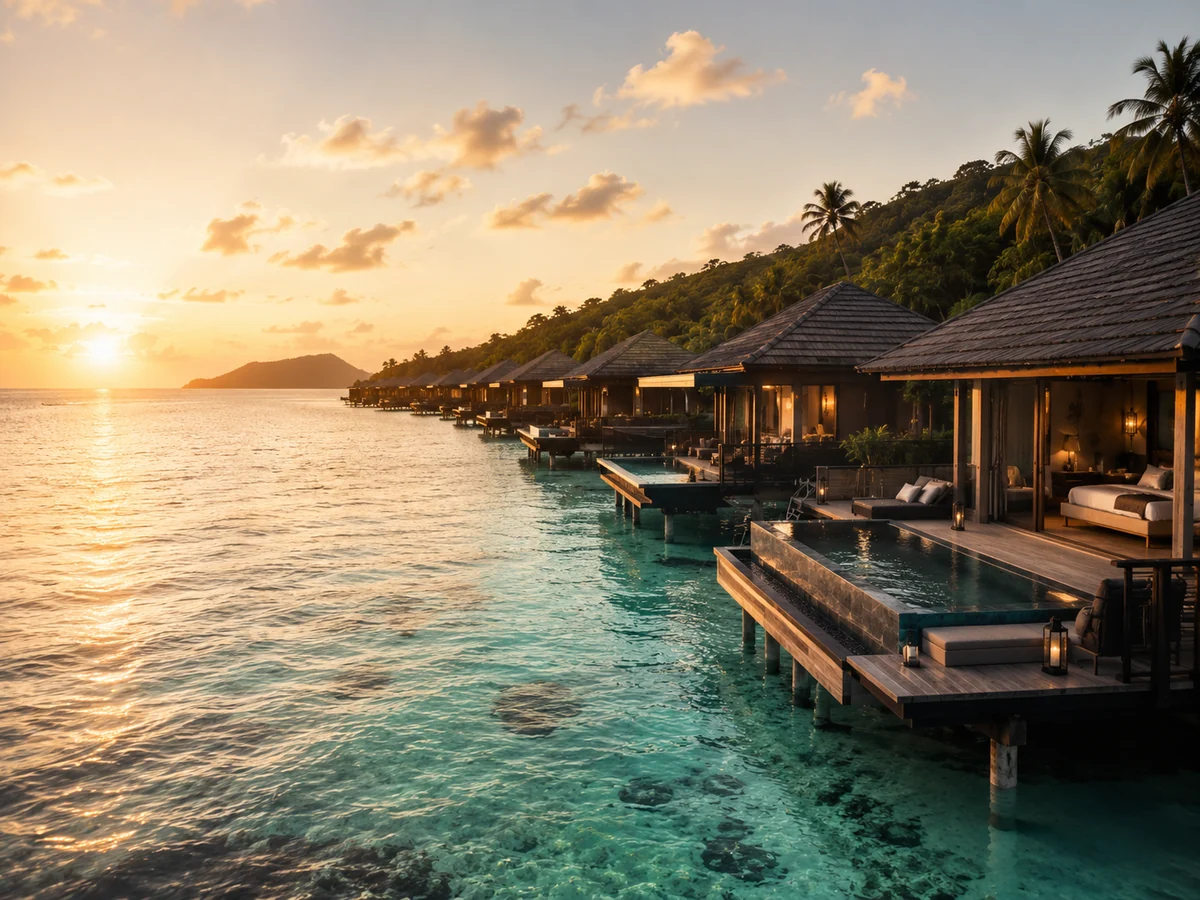 Overwater luxury villa glowing above sea-foam water at sunset