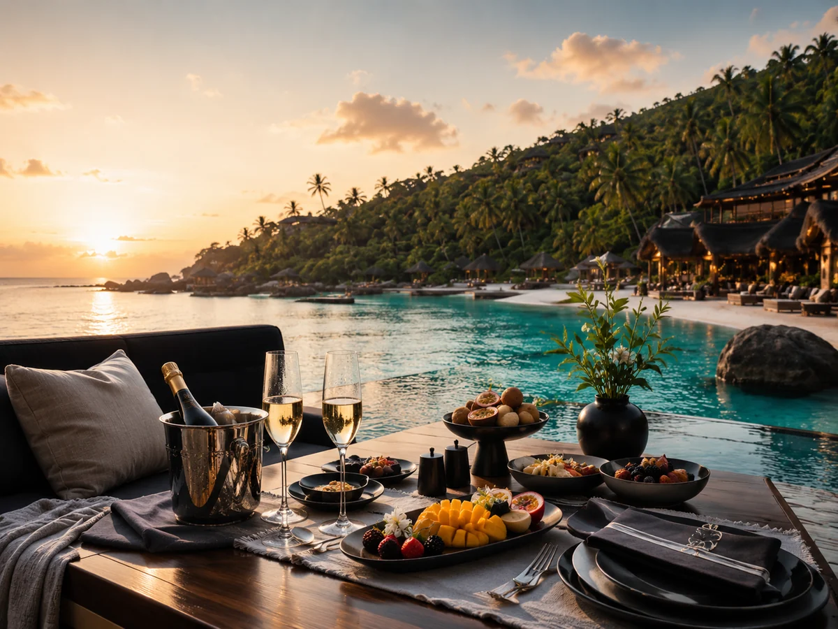Champagne breakfast on a private resort terrace overlooking an emerald lagoon