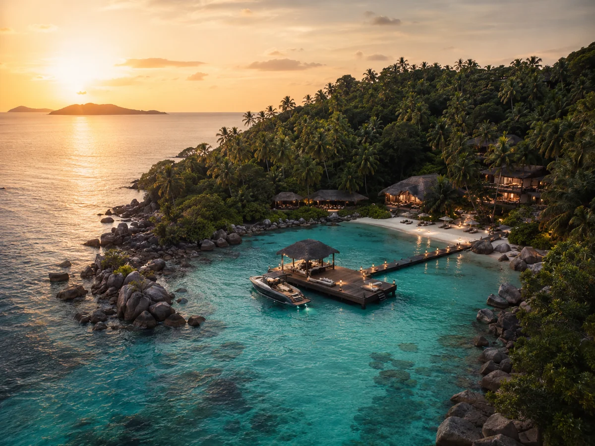 Aerial view of a secluded tropical cove with private dock and emerald sea
