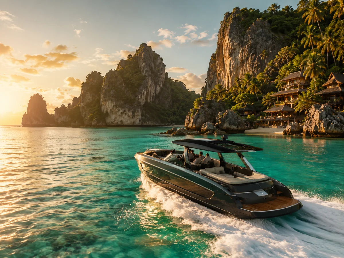 Private speedboat route through turquoise water and island cliffs